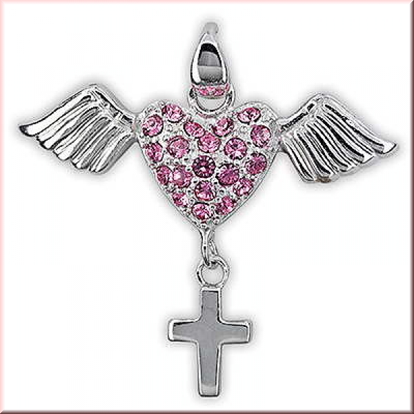 Silberanh?nger Fl?gel Herz pink Kreuz 925 Silber