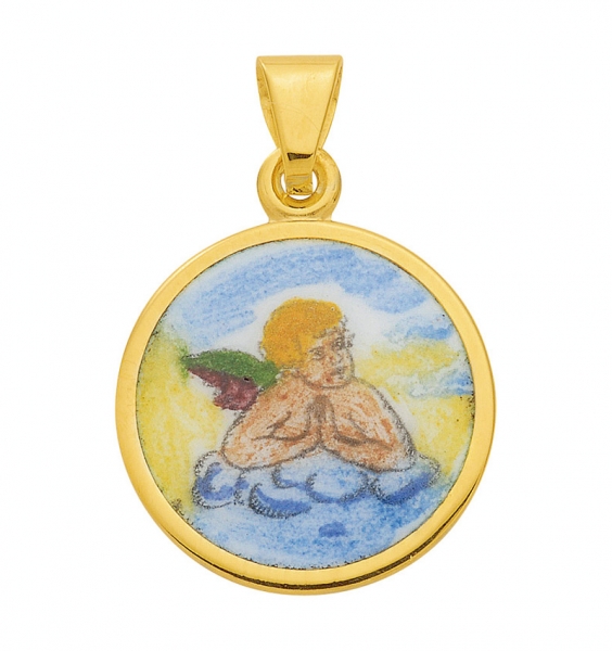 Anhänger Medaille Amor Engel "Gott schütze Dich" 12mm 585 GOLD