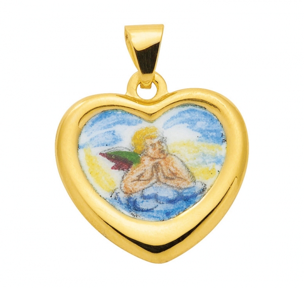 Anh?nger Medaille Herz Amor Engel "Gott sch?tze Dich" 585 GOLD