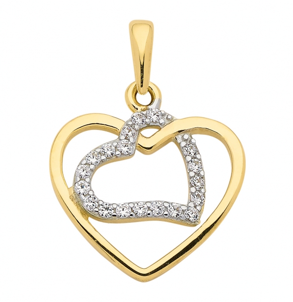 Anh?nger 2 Herzen 13mm mit Zirkonia 14Kt 585 GOLD