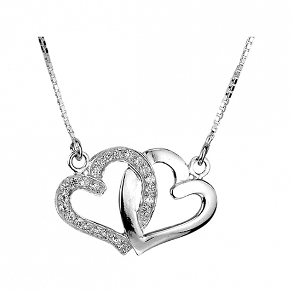 Collier Kette mit Anh?nger Doppel Herz Zirkonia Silber 925 42cm