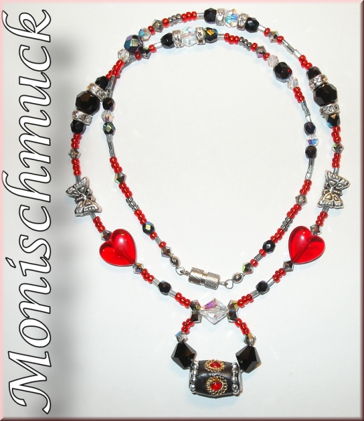 Collier Kette schwarz rot Herz Schmetterling